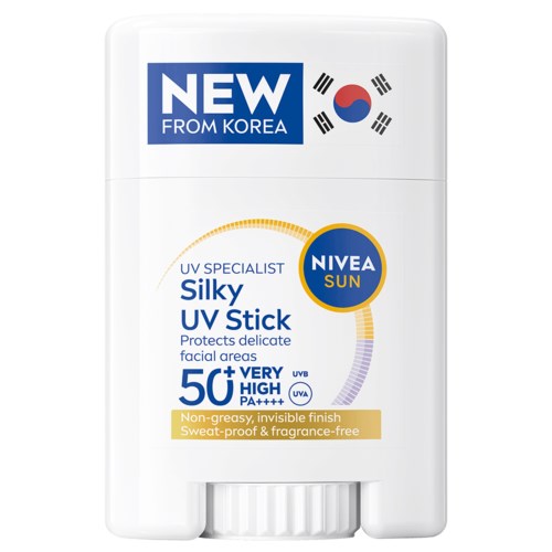 A white stick with product details, South Korean flag, and Nivea Sun branding for UV protection.