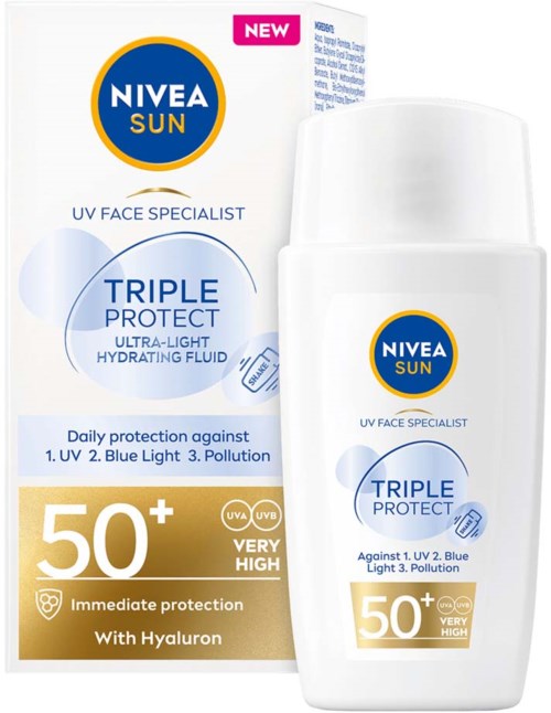 En solskyddsflaska och förpackning med blå och gula färger, märkt NIVEA SUN TRIPLE PROTECT, SPF 50+.
