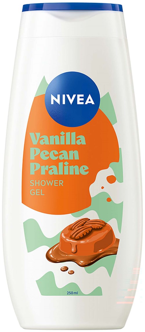 Nivea Vanilla Pecan Praline dusjsåpeflaske med fargerik abstrakt design og bilde av praline på etiketten.