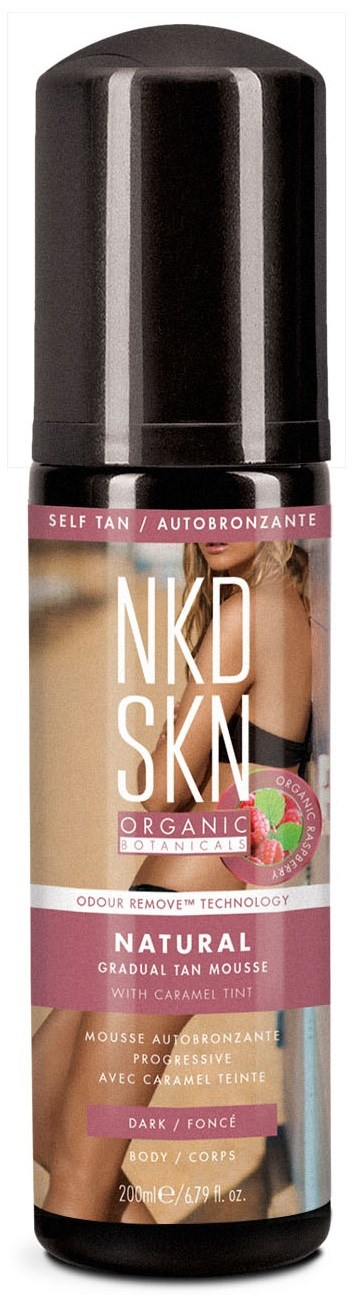 Självbruningsmousseflaska märkt NKD SKIN Organic, mörk nyans, för gradvis, naturlig solbränna med karamellstänk, 200 ml.