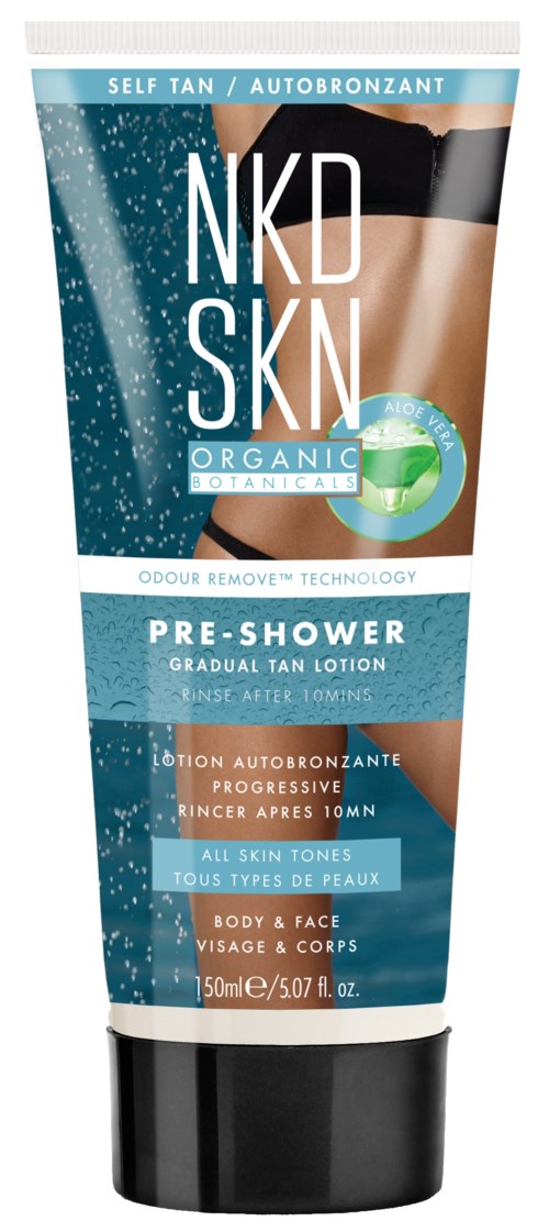 A tube of pre-shower gradual tan lotion with blue and white packaging, promoting organic ingredients and odor removal technology.
