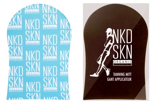 Two tanning mitts, one blue with "NKD SKN" logos, and one brown with a woman and text.