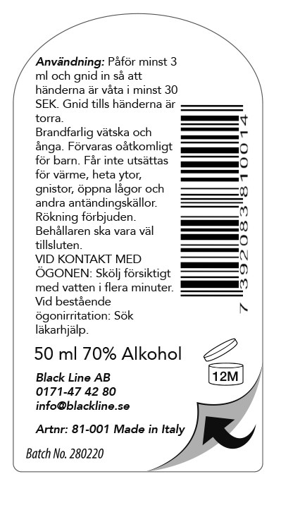 Varnings- och användarinstruktioner för en 50 ml, 70% alkoholprodukt, inklusive förvaring, kontaktuppgifter och batchinformation.