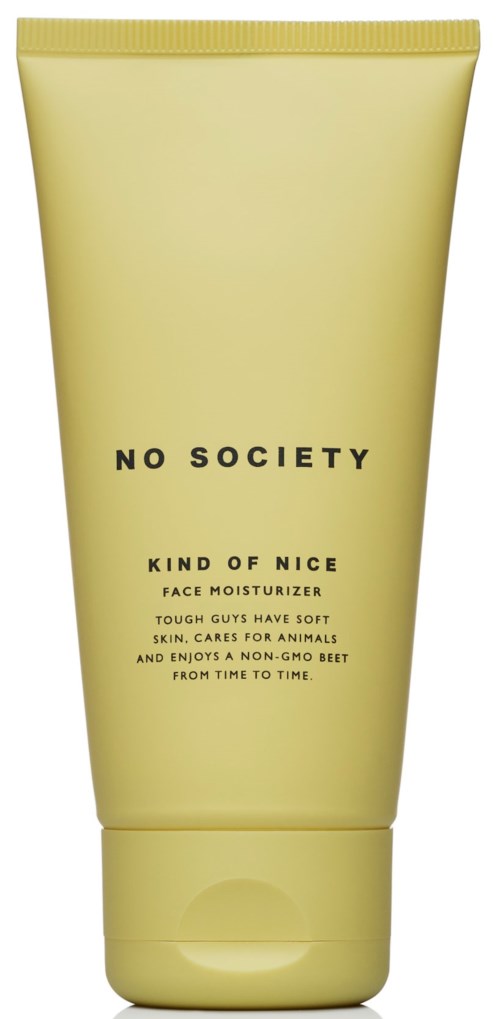 En gul tub med ansiktsfuktighetskräm märkt 'NO SOCIETY' med enkel design och text.
