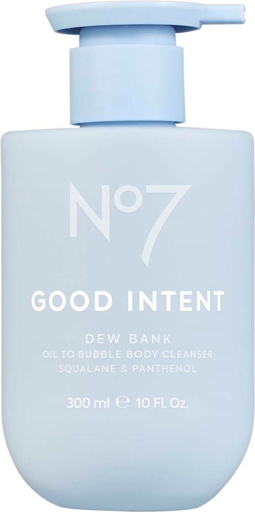 Vaaleansininen pullo Dew Bank -suihkugeeliksiä vartalolle, merkitty No 7 Good Intent.