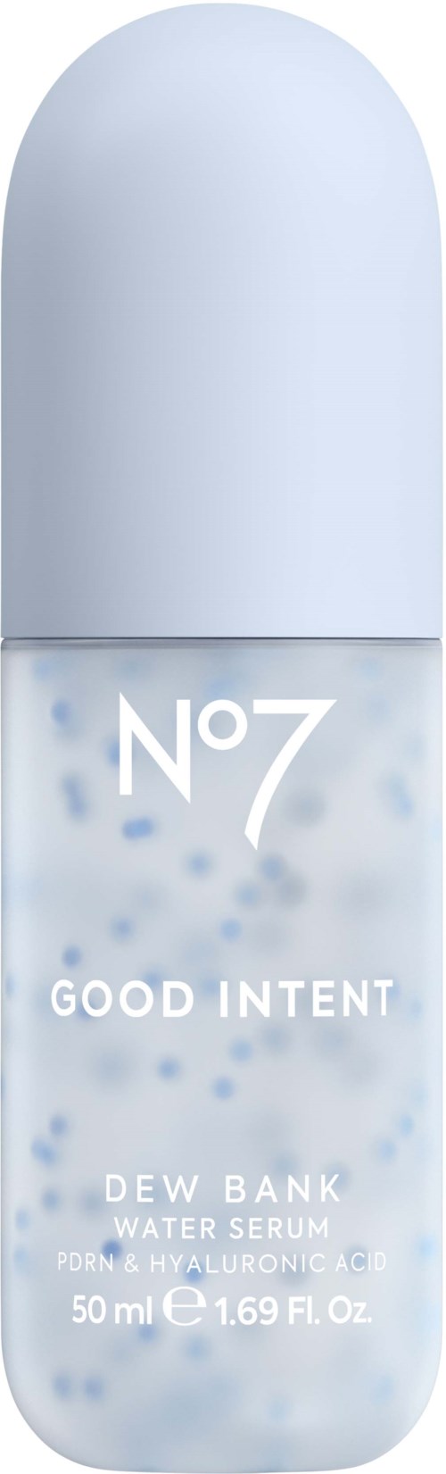 Valkoinen pallomainen vesiseerumipullo sinisillä laikkuilla, merkintä No7 GOOD INTENT DEW RANK WATER SERUM, 50 ml.