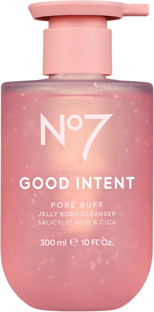 Vaaleanpunainen pumppupullo, No7 Good Intent Pore Buff jelly body cleanser, 300 ml.
