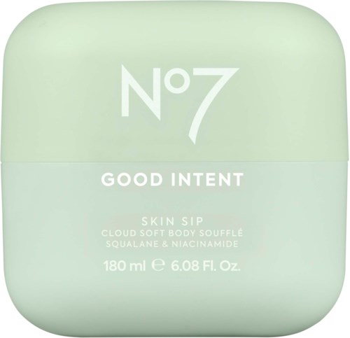 Vaaleanvihreä pieni rasia, teksti N°7 Good Intent Skin Sip vartalovoide.