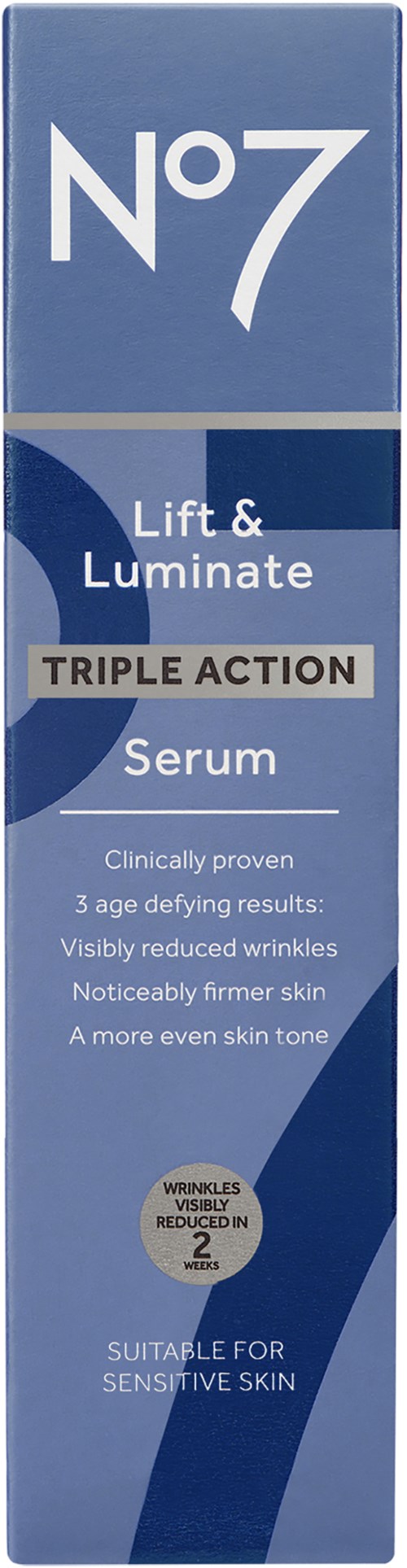 Blauwe doos met No7-logo, belooft lift, verlicht en vermindert rimpels met serum voor gevoelige huid.