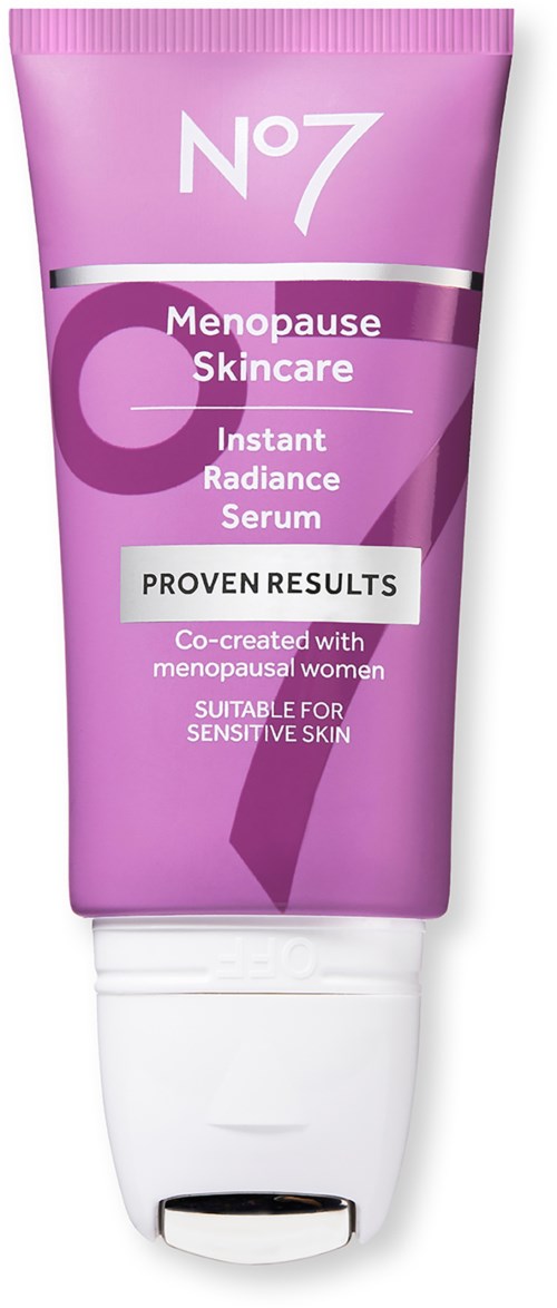 Een roze tube menopauze huidverzorgingsserum met witte en paarse tekst, geschikt voor gevoelige huid en bewezen resultaten.
