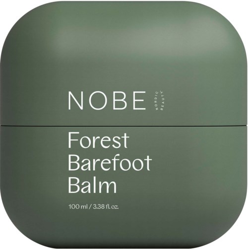 En grønn krukke merket 'NOBE Forest Barefoot Balm' med hvit tekst, indikerer et kosmetisk produkt.