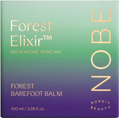En eske for hudpleieprodukt merket 'Forest Elixir' i blått og grønt, for føtter, 100 ml.