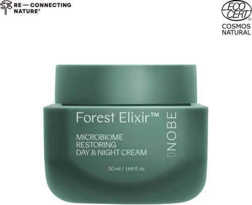 En grønn krukke merket 'Forest Elixir' inneholder mikrobiom gjenoppbyggende dag- og nattkrem.