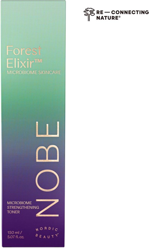 En boksell av Forest Elixir microbiome hudpleietoner fra Nordic Beauty, med vekt på styrkende fordeler for mikrobiomet.