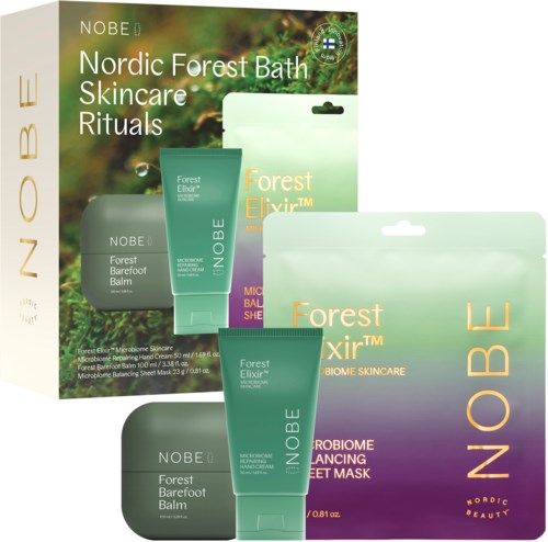 Hudpleiesett med Forest Elixir-produkter, inkludert balm, micellært vann og ansiktsmaske for skogsinspirert hudpleie.
