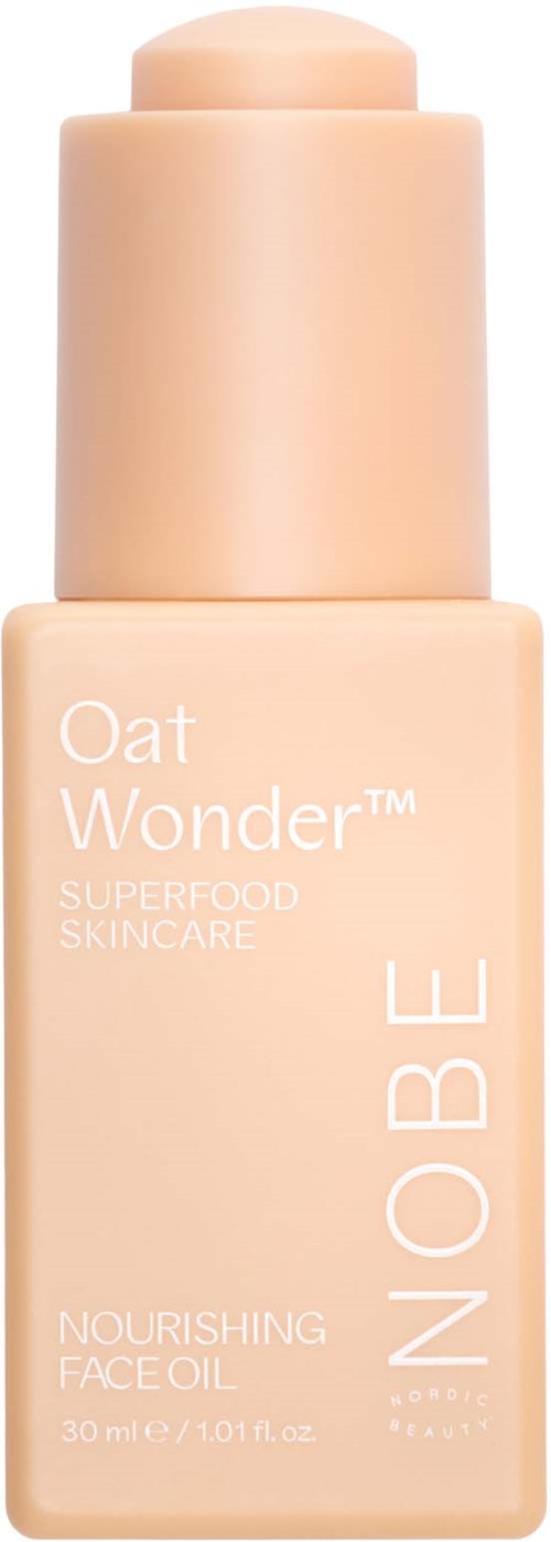 En beige flaske med nærende ansiktsolje kalt Oat Wonder av NOBE, 30 ml volum, med pumpe.