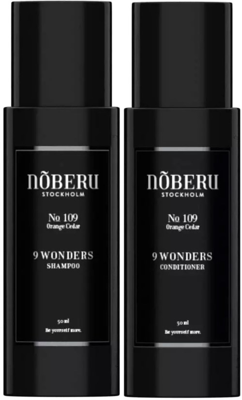 To sorte flasker mærket No 109 Orange Citrus shampoo og balsam fra Nöberu Stockholm.