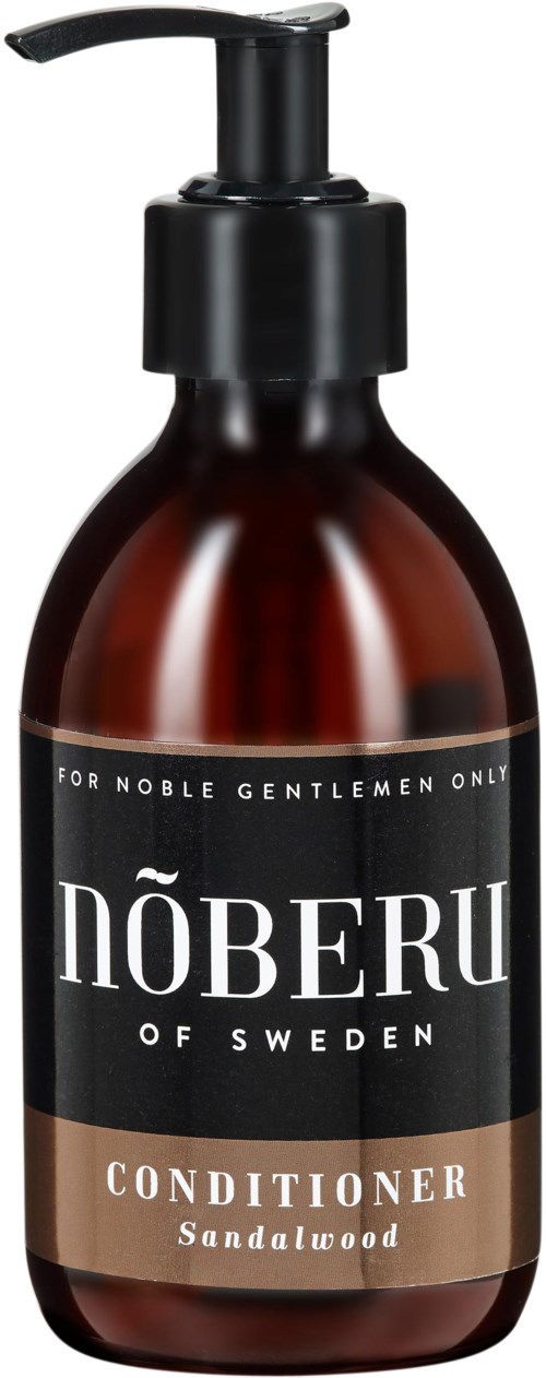 A dark brown bottle with a pump, labeled 'Nóberu of Sweden' and 'Conditioner Sandalwood'.