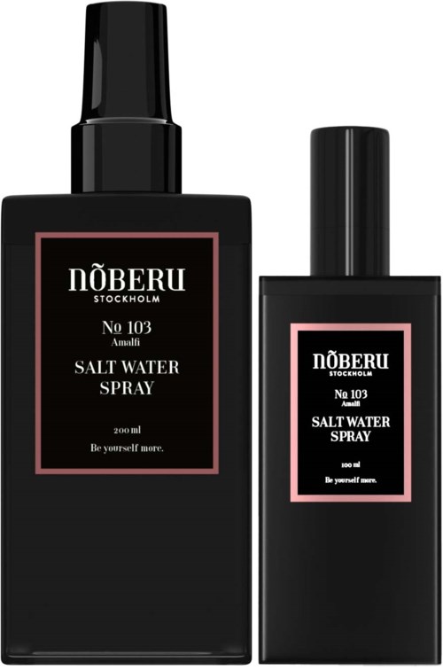 Zwei schwarze Flaschen, eine groß und eine klein, mit wohlklingender Beschriftung 'Salt Water Spray' von Nöberu Stockholm, minimalistisches Design.