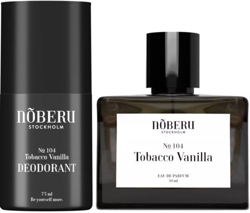 En deodorant och en parfymflaska, båda märkta Tobacco Vanilla från Nöberu Stockholm, svart och vit design.