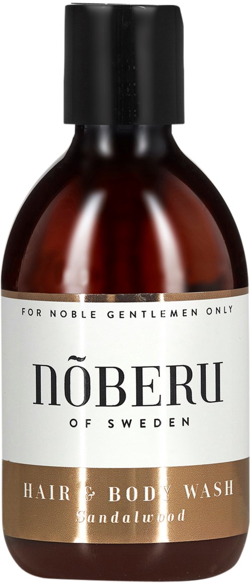 En bruns bottle med vit och guld etikett, produkter för hår och kropp, märkt "NÖBERU" från Sverige.