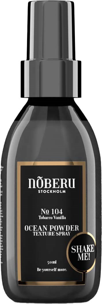 A black spray bottle with a label that says 'NÖBERU Stockholm No 104 Tobacco Vanilla Ocean Powder'.