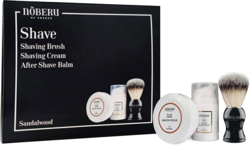 Ein Rasierset mit Pinsel, Creme, Balm und schwarzer Box mit weißem Text, heißen 'NÖBERU of Sweden.'