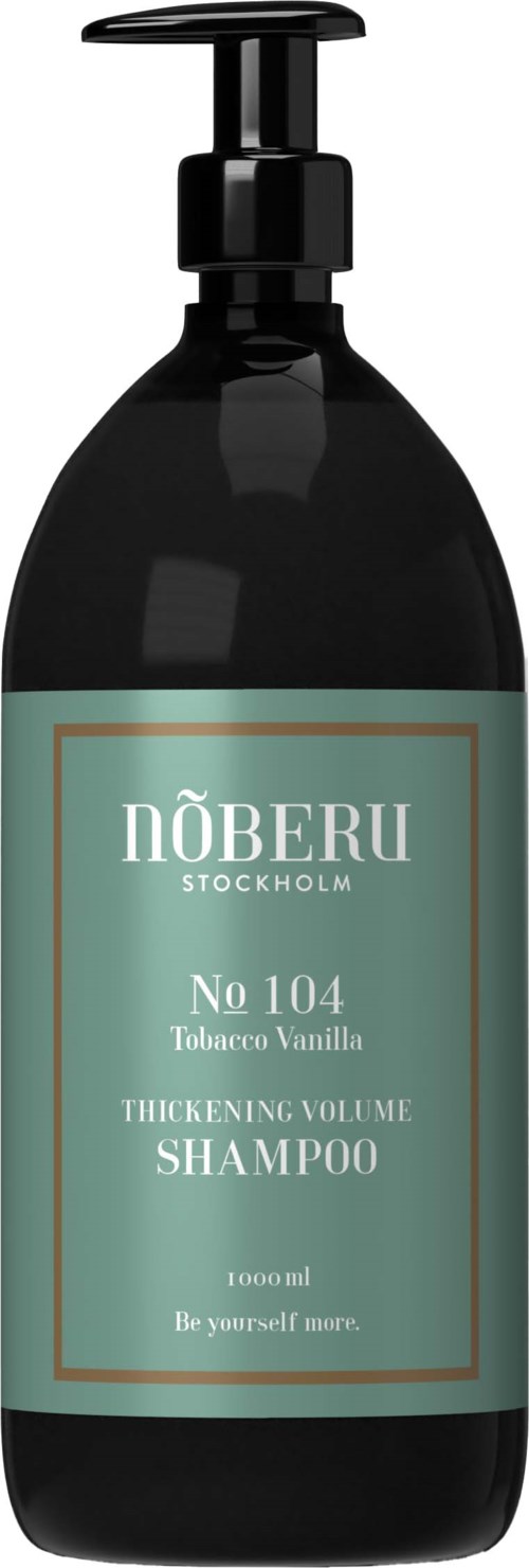 Mörk flaska med pump, märkt 'NÖBERU Stockholm No 104 Tobacco Vanilla Thickening Volume Shampoo,' i grönt och svart.