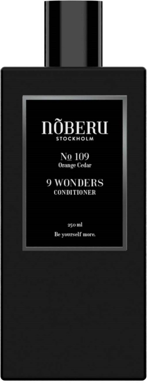 En sort flaske med etiket, der siger 'Nöberu Stockholm, No 109, Orange Cedar, 9 Wonders Conditioner, 250 ml, Be yourself more.'