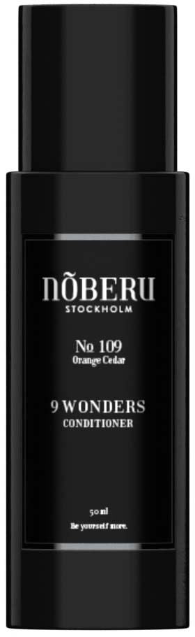 En sort flaske med en etiket der står 'NÖBERU Stockholm No 109 Orange Clar 9 Wonders Conditioner'.