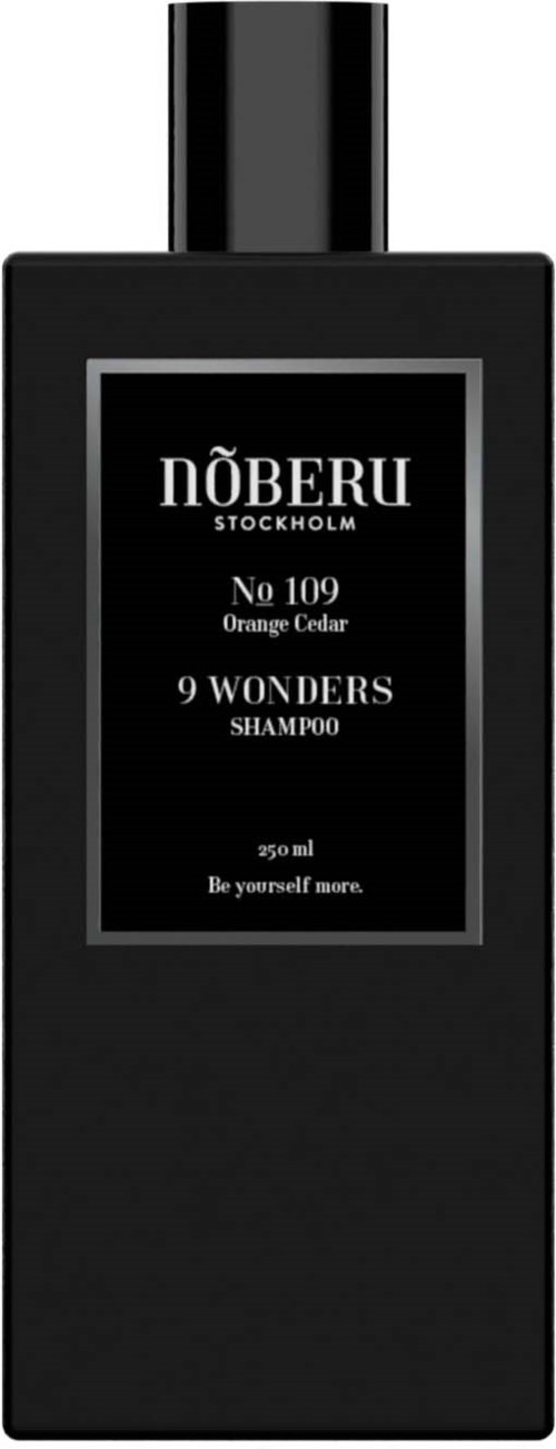 En sort shampoo flaske med etiket, der står NÖBERU, Stockholm, No 109 Orange Cedar, 9 Wonders, og 250 ml.