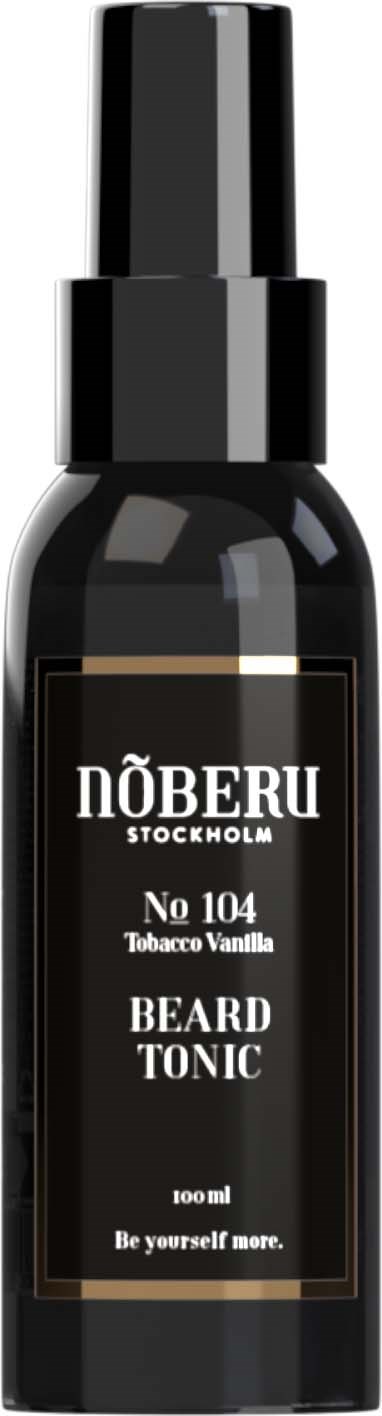 Eine schwarze Sprühflasche mit dem Label Bart-Tonikum, Marke Nobelu, Duft Tabak-Vanille, und Slogan sei mehr du selbst.