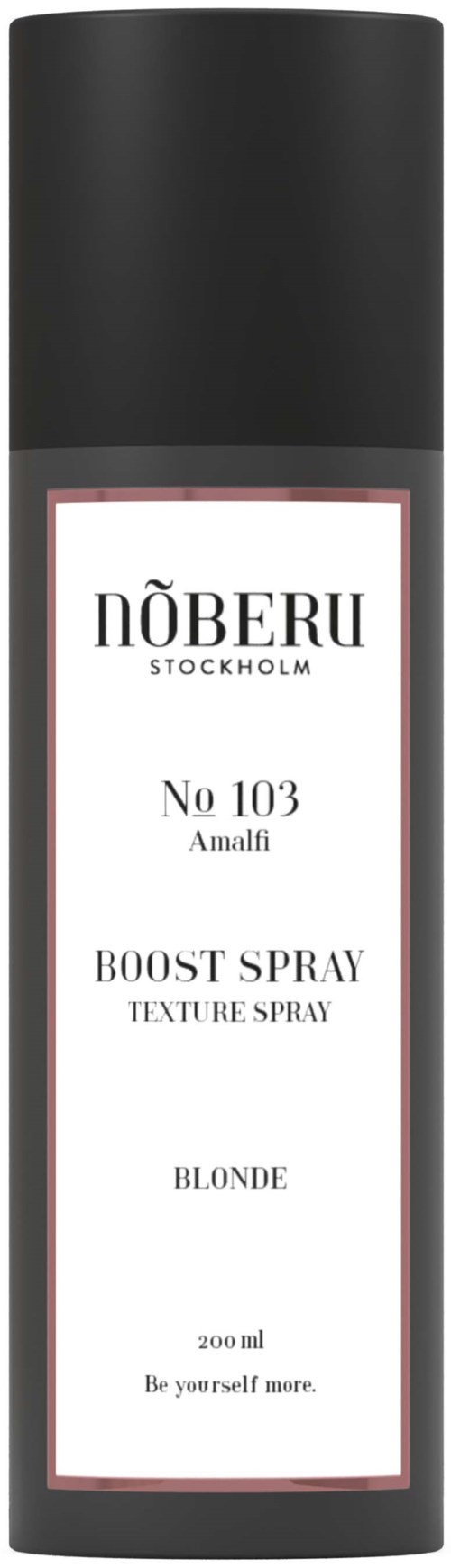 En sort og hvid flaske mærket til blondt hår med beskrivelse af boost spray og teksturspray fra Nöberu Stockholm.