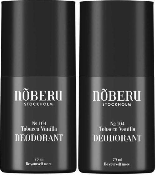 Två svarta deodorantflaskor märkta 'NÖBERU Stockholm' med vaniljsmak, storlek 75 ml, och mottot 'Be yourself more.'
