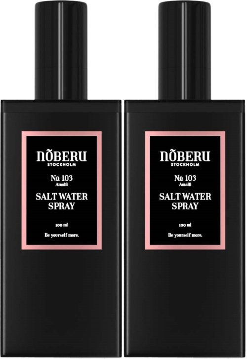 To sorte flasker med saltvandspray med pink etiketter og sorte låg.