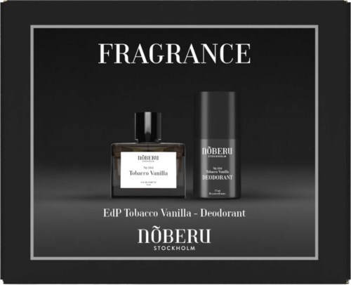En svart box innehåller tobak vanilj-doftande deodorant och parfym från NÖBERU Stockholm. Texten är vit.