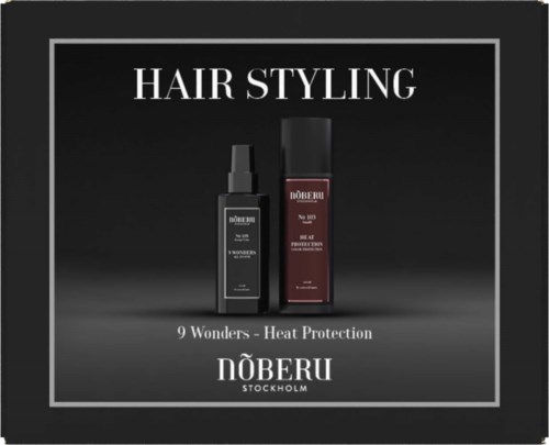 Två hårstylingprodukter, en svart spray och en röd flaska, med text om värmeskydd, på svart bakgrund.