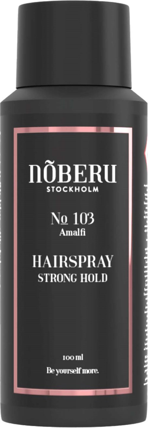 Sort flaske mærket Nöberu Stockholm, No 103 Amalfi Hairspray, 100 ml, med stærk hold.