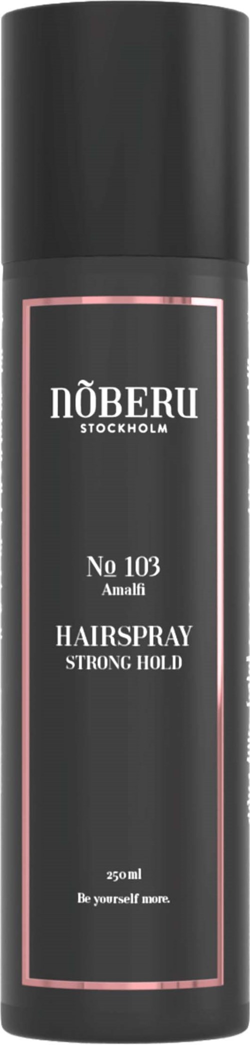 En sort spraydåse med Nöberu hårspray, pink og hvid etiket, stærk hold, 250 ml, fra Stockholm.
