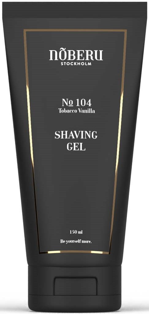 Eine schwarze Tube von Nöberu Stockholm Rasiersgel mit Goldrand, gekennzeichnet als No 104 Tobacco Vanilla, 150 ml.
