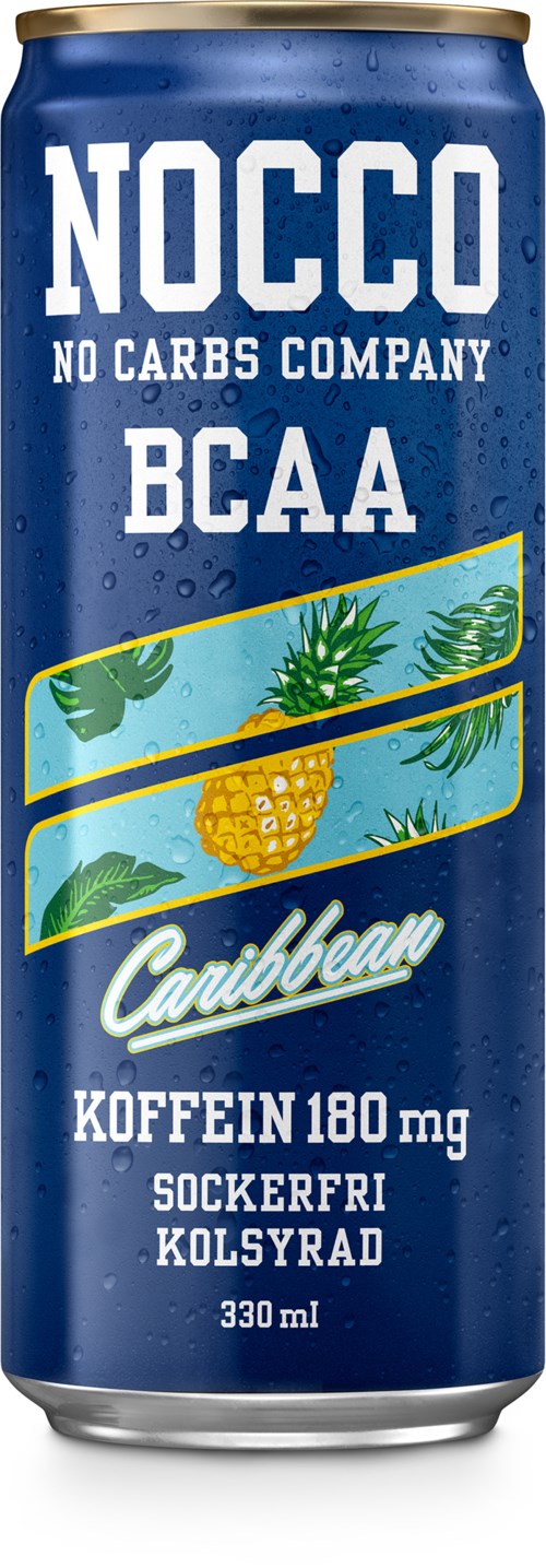En blå burk märkt NOCCO BCAA Caribbean med ananas- och tropiska bladillustrationer, innehåller koffein, sockerfri, 330 ml.