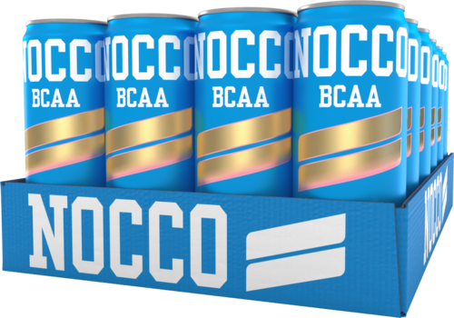Flera blå burkar med gyllene och rosa rand, märkta NOCCO och BCAA, i en blå box. Burkarna är placerade i rader.