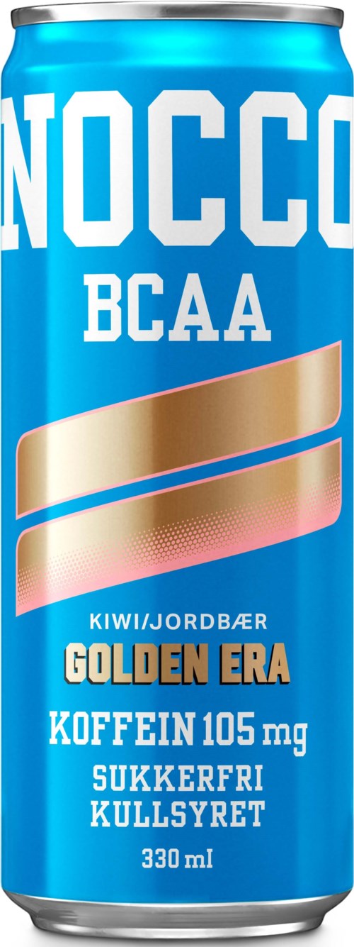 En blå boks med NOCCO BCAA-drikke med kiwi/bærsmak, 330 ml, sukkerfri, koffein 105 mg, og gull- og rosa design.