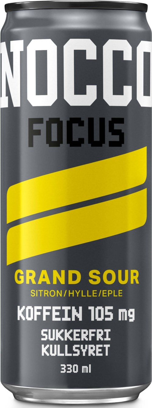 En boks NOCCO Focus Grand Sour drikk med sitron, eple og hylle, koffeininnhold og uten sukker.