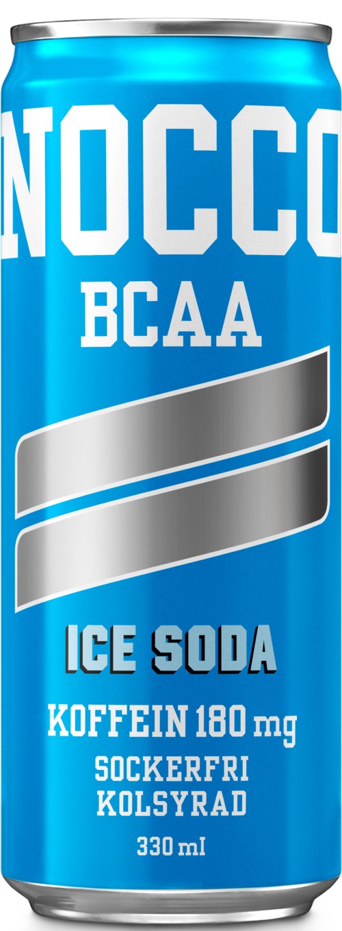 En blå burk av NOCCO BCAA ice soda med koffein, sockerfri, citrus smak, 330 ml.