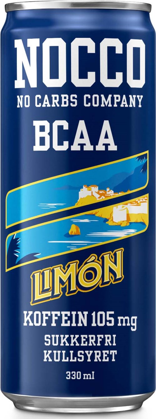 En blå energidrikkskjøt med hvit tekst, bilder av en båt og bølger, og ordene "NOCCO BCAA LEMON."