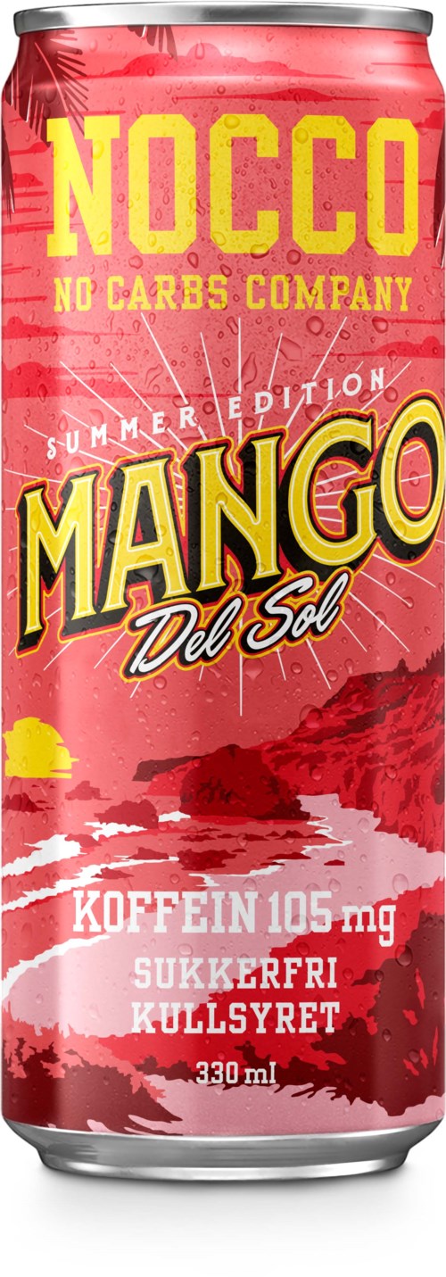 En boksjon av Nocco Mango Del Sol drikke med lyse rosa og gule farger, viser smaken og detaljer i tekst.