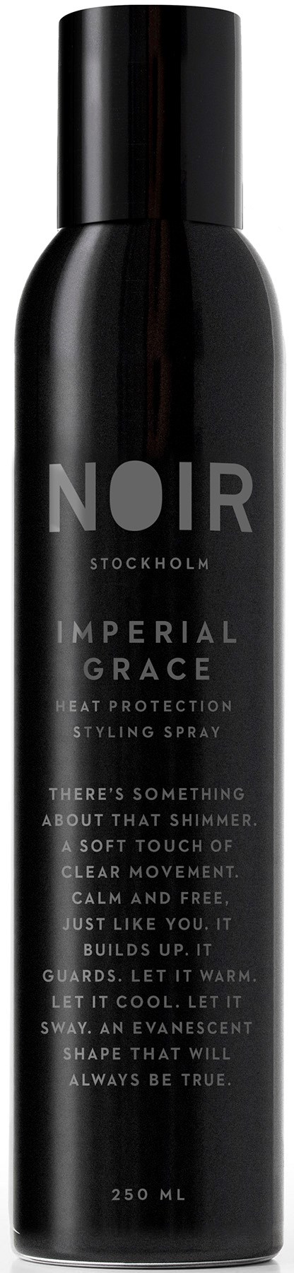 En lang sort spraydåse med hvid tekst, mærket 'NOIR STOCKHOLM IMPERIAL GRACE.'