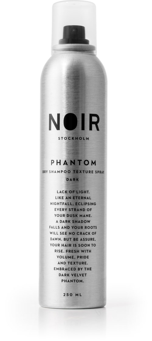 En lang sølv spraydåse med sort låg, mærket 'NOIR PHANTOM'.
