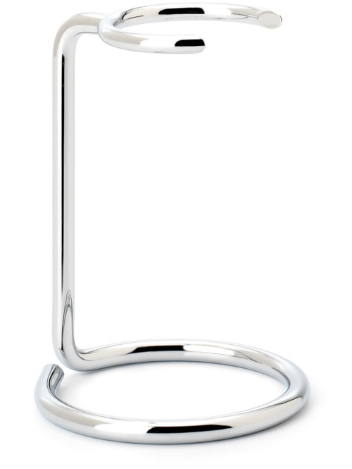 En modern, glänsande silvertelefonhållare med en cirkulär bas och en böjd arm för att hålla enheter.